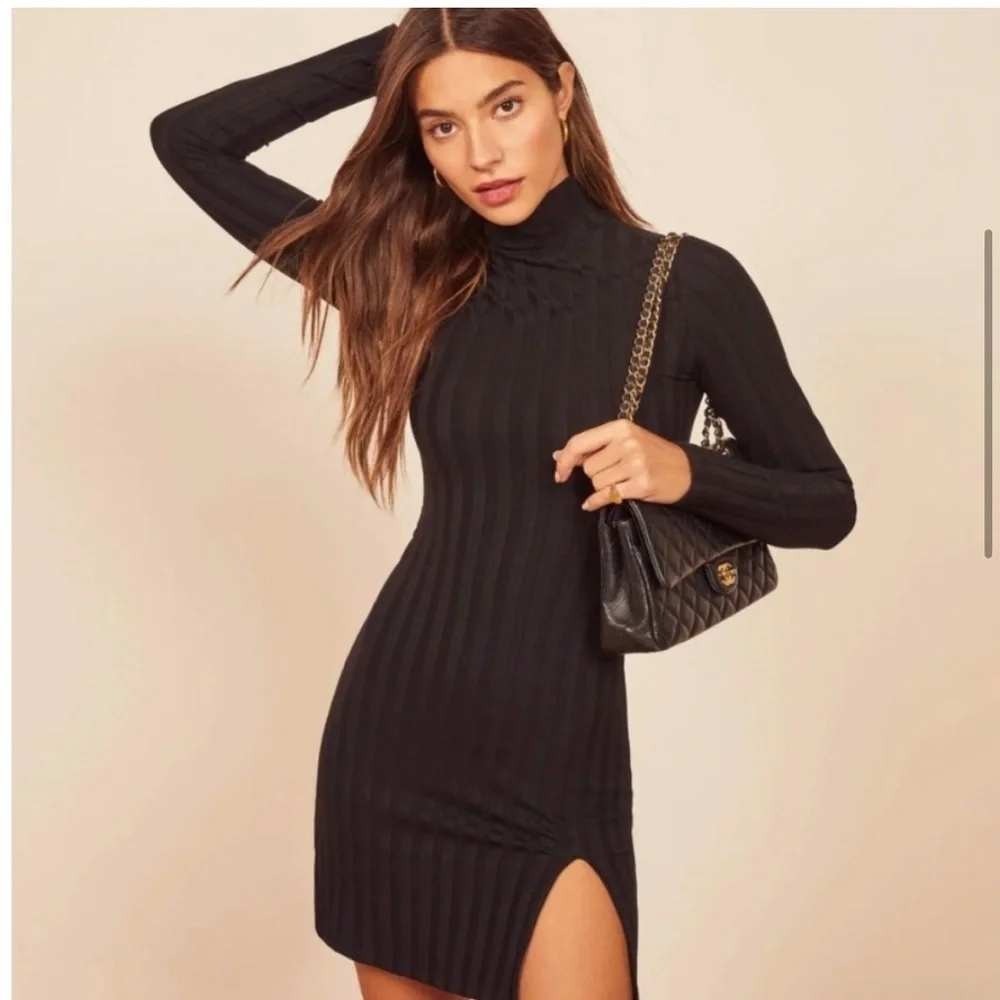 Reformation Dress Women Small Black Libra Long Sleeve Rib Mock Neck Mini Knit
